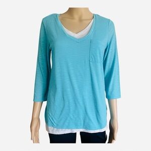 Hannah casual top shirt S pullover blue pocket white lining 3/4 sleeves V neck